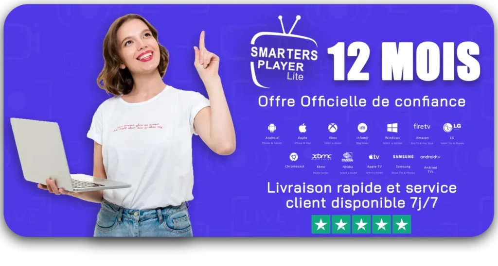 Femme souriante avec un ordinateur portable présentant un abonnement IPTV 12 mois via Smarters Player Lite – Offre officielle fiable compatible Android, Apple, Fire TV, Smart TV et plus.