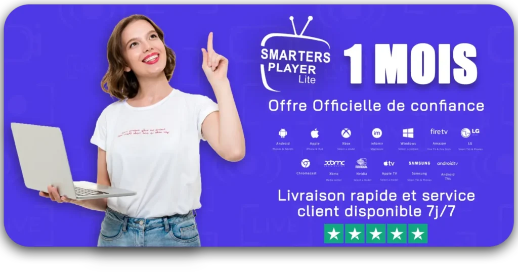 Femme présentant l'abonnement IPTV 1 mois avec Smarters Player Lite – Offre officielle compatible avec Android, Apple, Smart TV, Fire TV, et plus. 