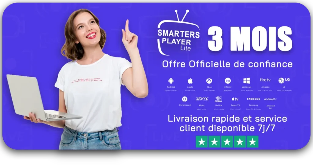 Femme présentant un abonnement IPTV 3 mois avec Smarters Player Lite – Offre officielle compatible tous appareils, livraison rapide et support 7j/7.
