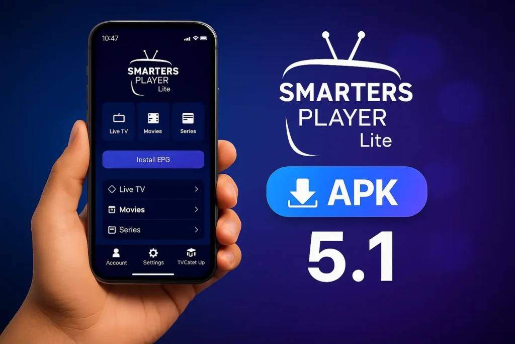 Télécharge Smarters Player Lite – application IPTV gratuite pour Android. Interface moderne, bouton APK et compatibilité étendue.